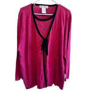 Studio Collection Women Red Sweater Black Velvet Trim Tie Plus Size 2X